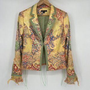 Boho Chic Y2K Yellow Green Stain Lace Up Ruffle Sleeve Lined Blazer Women’s 8